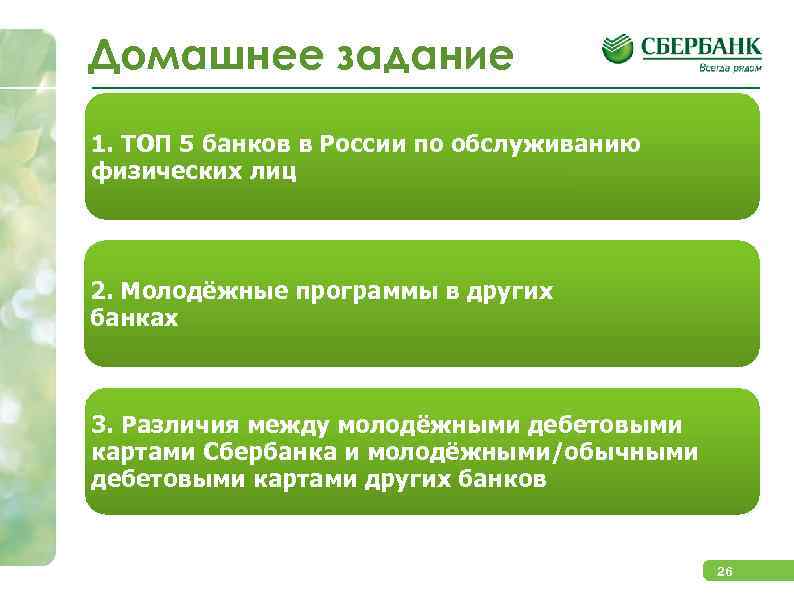 Домашнее задание 1. ТОП 5 банков в России по обслуживанию физических лиц 2. Молодёжные