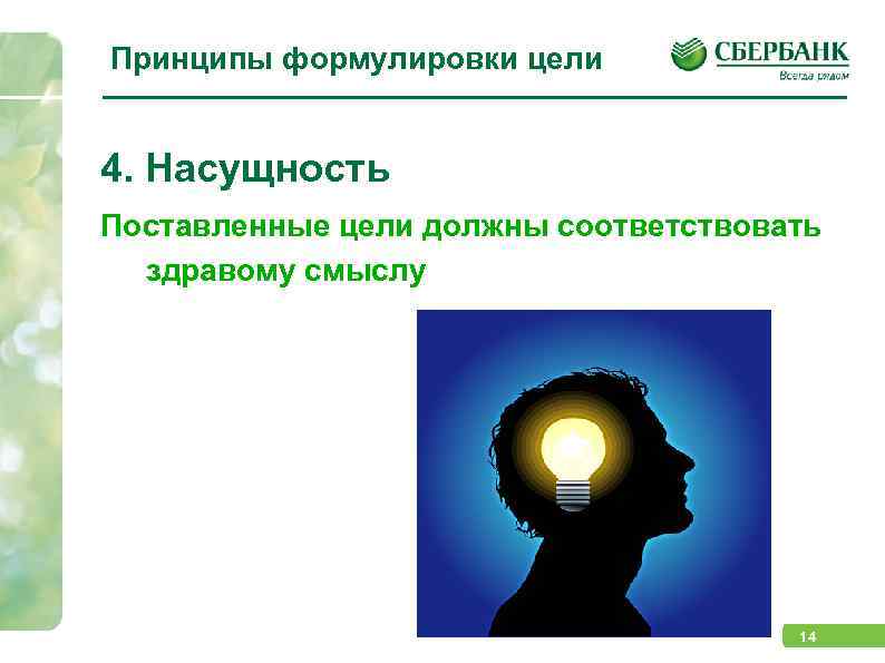Принципы формулировки цели 4. Насущность Поставленные цели должны соответствовать здравому смыслу 14 