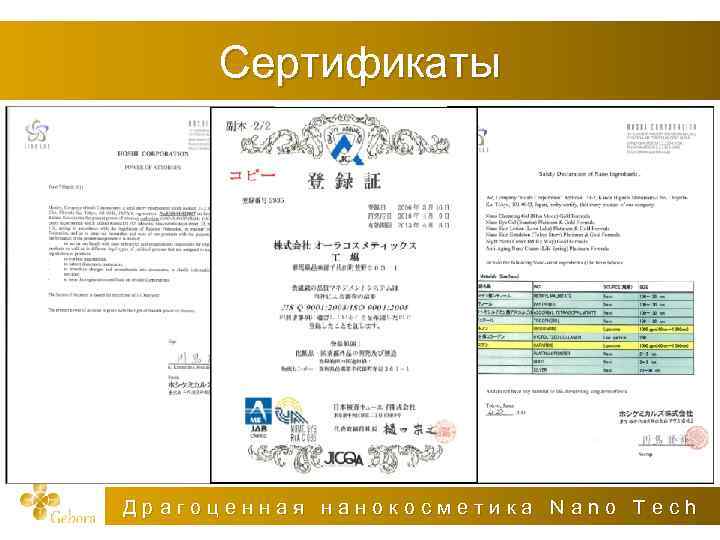Сертификаты Драгоценная нанокосметика Nano Tech 