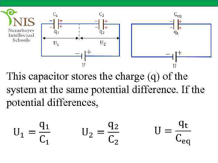 This capacitor stores the charge (q) of the system at the same potential difference.