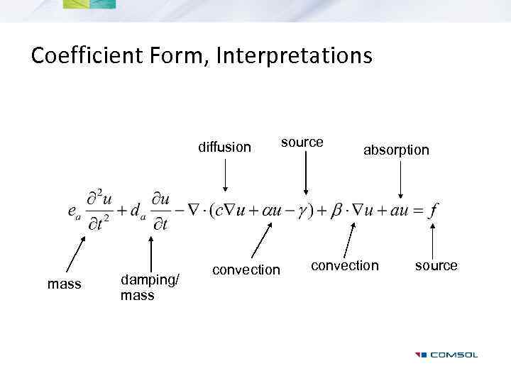 Coefficient Form, Interpretations diffusion mass damping/ mass convection source absorption convection source 