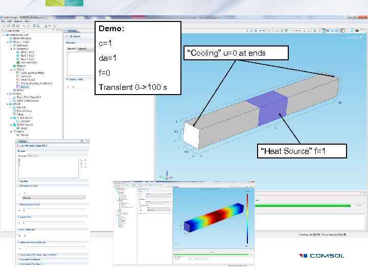 Demo: c=1 da=1 “Cooling” u=0 at ends f=0 Transient 0 ->100 s “Heat Source”