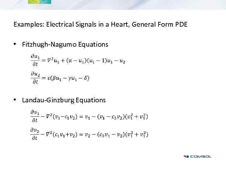 Examples: Electrical Signals in a Heart, General Form PDE • Fitzhugh-Nagumo Equations • Landau-Ginzburg