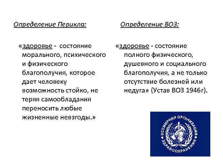 Определение Перикла: «здоровье - состояние морального, психического и физического благополучия, которое дает человеку возможность