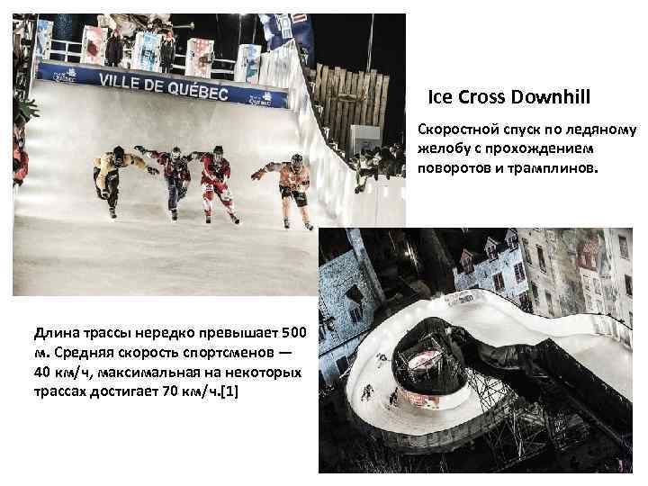  Ice Cross Downhill Скоростной спуск по ледяному желобу с прохождением поворотов и трамплинов.