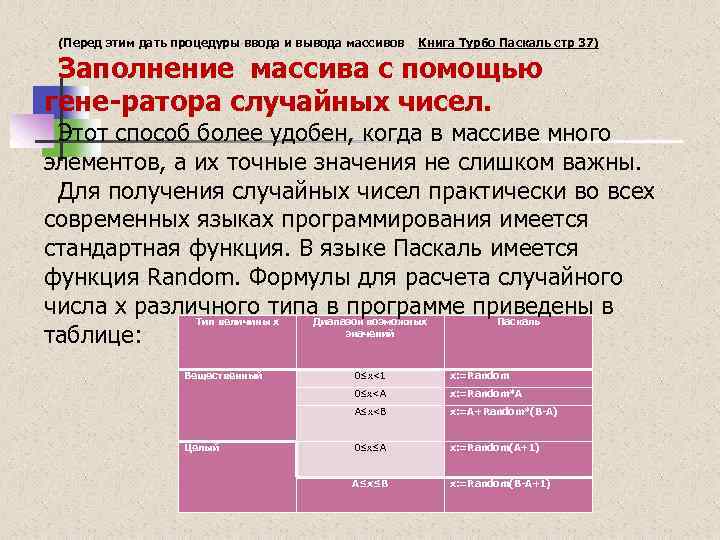 (Перед этим дать процедуры ввода и вывода массивов Книга Турбо Паскаль стр 37) Заполнение