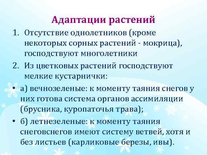 Адаптации растений 1. Отсутствие однолетников (кроме некоторых сорных растений - мокрица), господствуют многолетники 2.