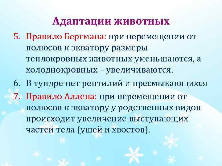 Адаптации животных 5. Правило Бергмана: при перемещении от полюсов к экватору размеры теплокровных животных