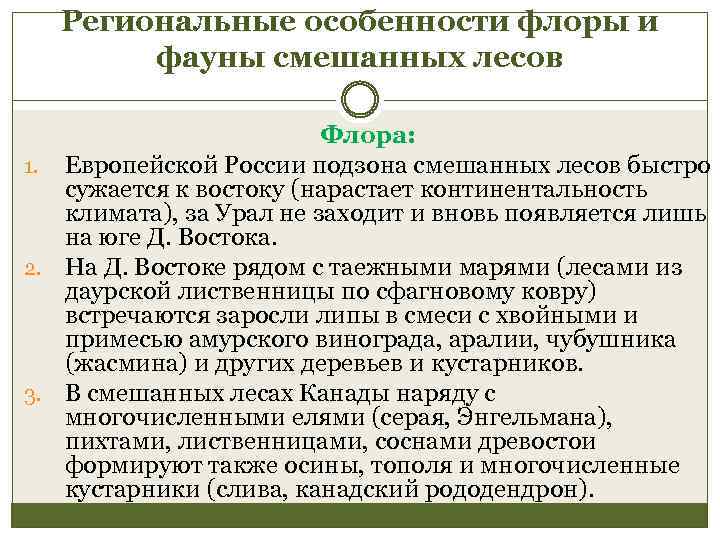 Региональные особенности флоры и фауны смешанных лесов Флора: 1. Европейской России подзона смешанных лесов