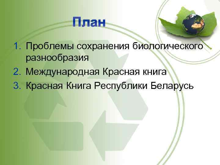 План 1. Проблемы сохранения биологического разнообразия 2. Международная Красная книга 3. Красная Книга Республики