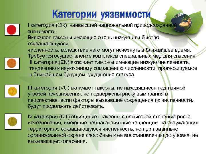 Категории уязвимости I категория (CR) наивысшей национальной природоохранной значимости, Включает таксоны имеющие очень низкую