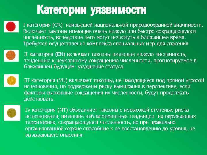 Категории уязвимости I категория (CR) наивысшей национальной природоохранной значимости, Включает таксоны имеющие очень низкую