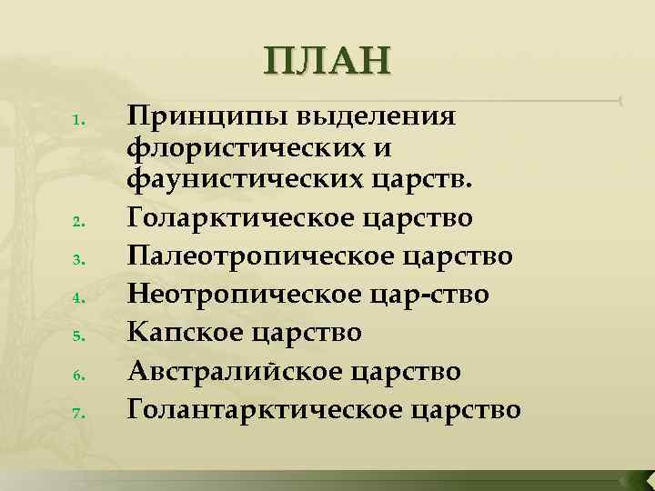 ПЛАН 1. 2. 3. 4. 5. 6. 7. Принципы выделения флористических и фаунистических царств.