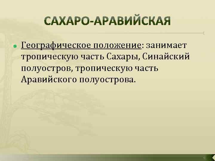  Географическое положение: занимает тропическую часть Сахары, Синайский полуостров, тропическую часть Аравийского полуострова. 