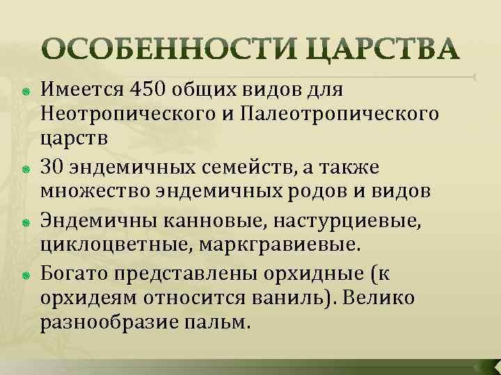  Имеется 450 общих видов для Неотропического и Палеотропического царств 30 эндемичных семейств, а