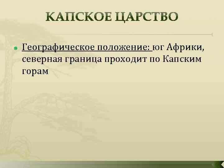  Географическое положение: юг Африки, северная граница проходит по Капским горам 