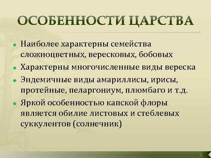  Наиболее характерны семейства сложноцветных, вересковых, бобовых Характерны многочисленные виды вереска Эндемичные виды амариллисы,