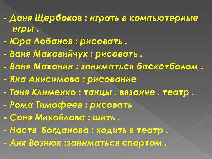 - Даня Щербоков : играть в компьютерные игры. - Юра Лобанов : рисовать. -