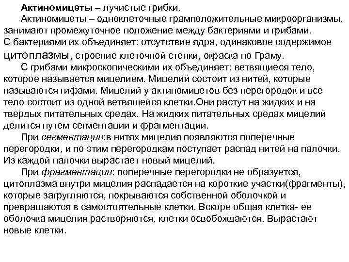 Актиномицеты – лучистые грибки. Актиномицеты – одноклеточные грамположительные микроорганизмы, занимают промежуточное положение между бактериями