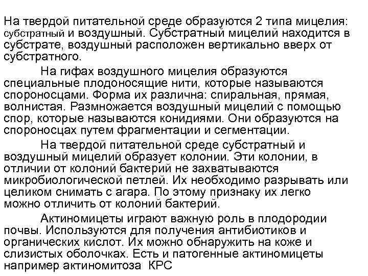 На твердой питательной среде образуются 2 типа мицелия: субстратный и воздушный. Субстратный мицелий находится