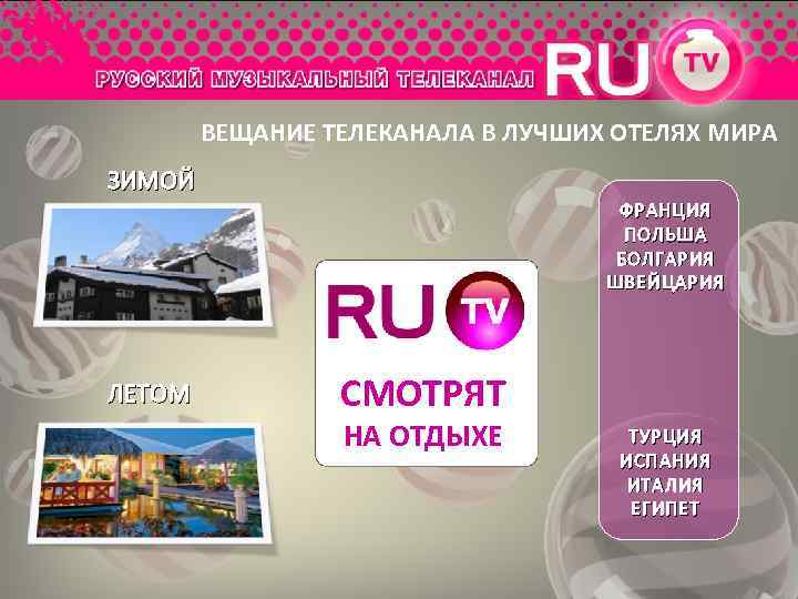 ВЕЩАНИЕ ТЕЛЕКАНАЛА В ЛУЧШИХ ОТЕЛЯХ МИРА ЗИМОЙ ФРАНЦИЯ ПОЛЬША БОЛГАРИЯ ШВЕЙЦАРИЯ ЛЕТОМ СМОТРЯТ НА
