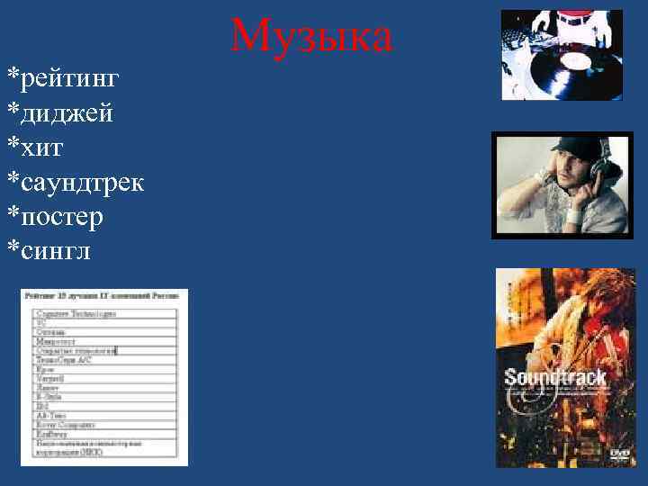 Музыка *рейтинг *диджей *хит *саундтрек *постер *сингл 