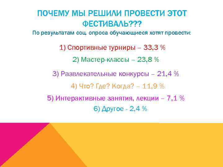ПОЧЕМУ МЫ РЕШИЛИ ПРОВЕСТИ ЭТОТ ФЕСТИВАЛЬ? ? ? По результатам соц. опроса обучающиеся хотят