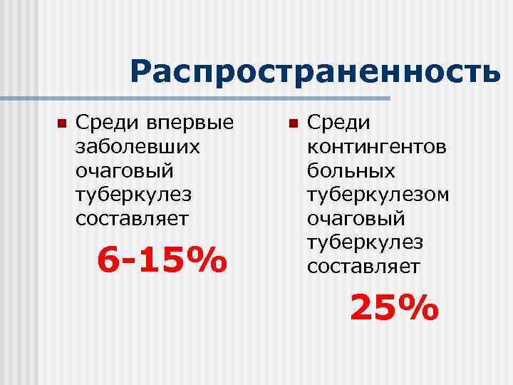 Распространенность n Среди впервые заболевших очаговый туберкулез составляет 6 -15% n Среди контингентов больных
