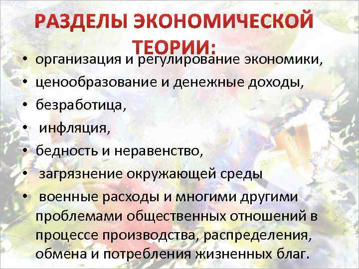  • • организация и регулирование экономики, ценообразование и денежные доходы, безработица, инфляция, бедность