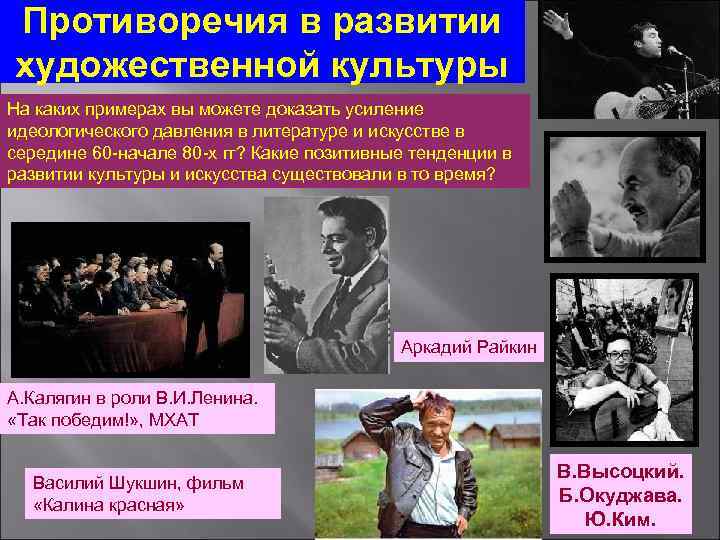 Усиление идеологического. Достижения и противоречия Советской культуры. Противоречия развития. Противоречие в искусстве. Противоречия в развитии художественной культуры 60-80.