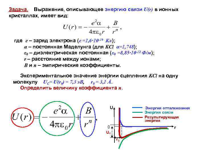 Задача. Выражение, описывающее энергию связи U(r) в ионных кристаллах, имеет вид: где е –