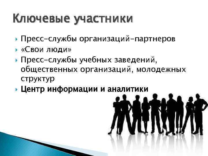 Ключевые участники Пресс-службы организаций-партнеров «Свои люди» Пресс-службы учебных заведений, общественных организаций, молодежных структур Центр