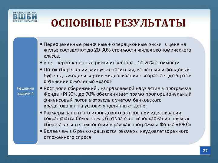 ОСНОВНЫЕ РЕЗУЛЬТАТЫ • Переоцененные рыночные + операционные риски в цене на жилье составляют до