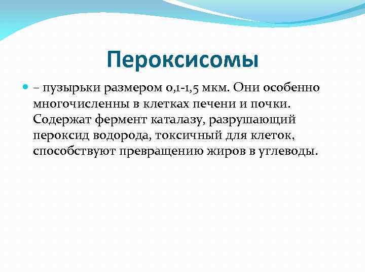 Пероксисомы – пузырьки размером 0, 1 -1, 5 мкм. Они особенно многочисленны в клетках