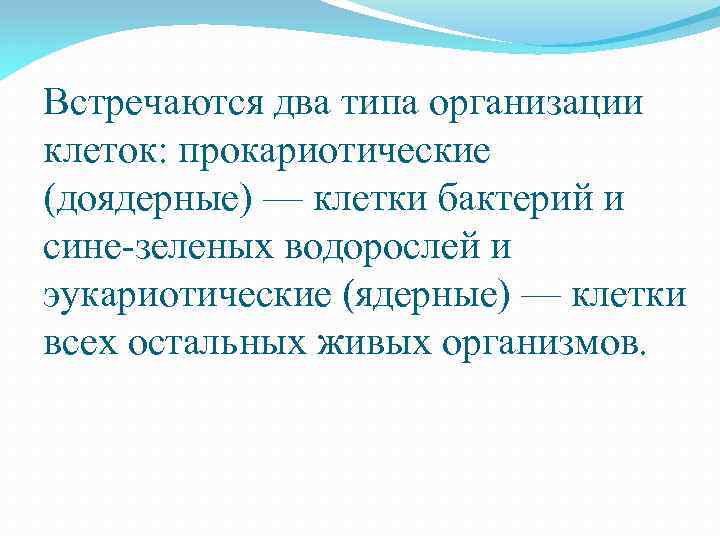 Встречаются два типа организации клеток: прокариотические (доядерные) — клетки бактерий и сине-зеленых водорослей и