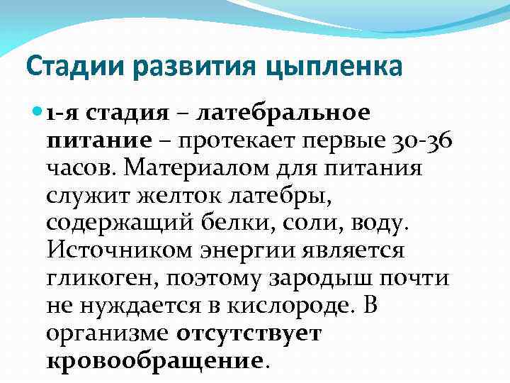 Стадии развития цыпленка 1 -я стадия – латебральное питание – протекает первые 30 -36