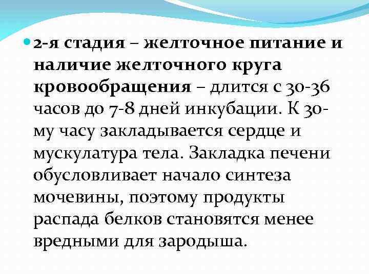  2 -я стадия – желточное питание и наличие желточного круга кровообращения – длится