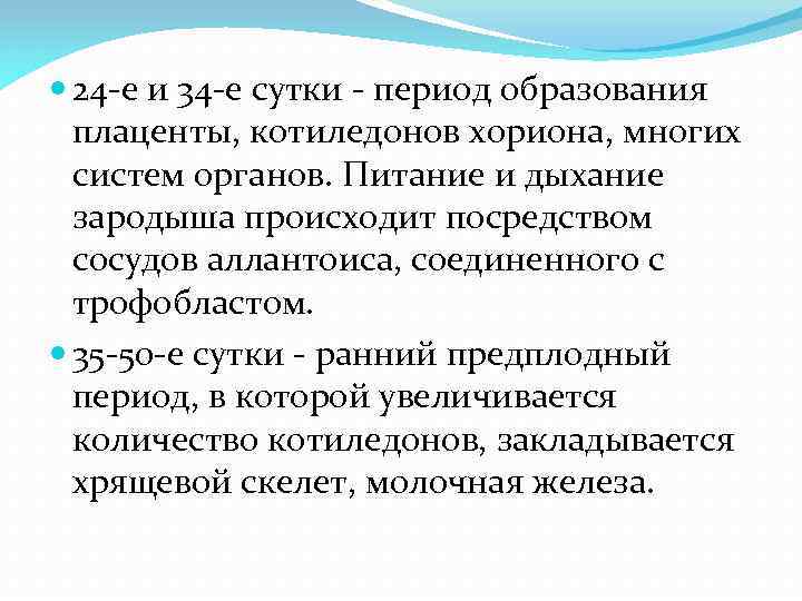  24 -е и 34 -е сутки - период образования плаценты, котиледонов хориона, многих