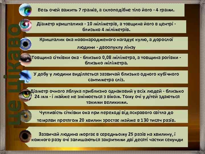 Весь очей важить 7 грамів, а склоподібне тіло його - 4 грами. Діаметр кришталика