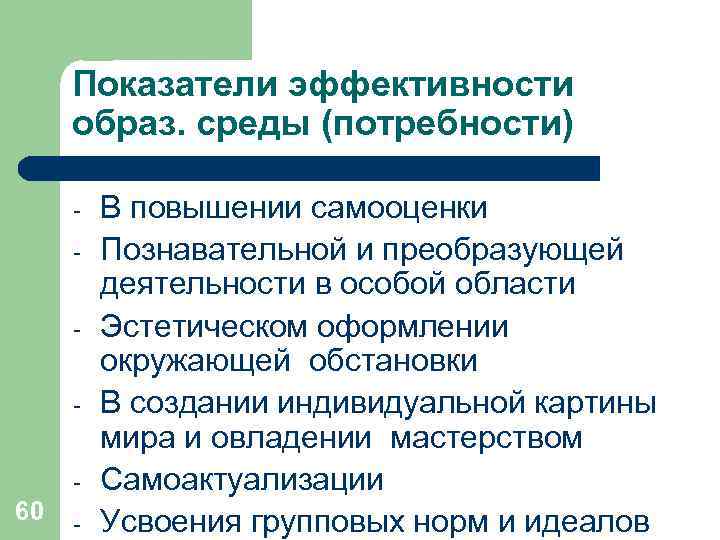 Показатели эффективности образ. среды (потребности) - 60 - В повышении самооценки Познавательной и преобразующей