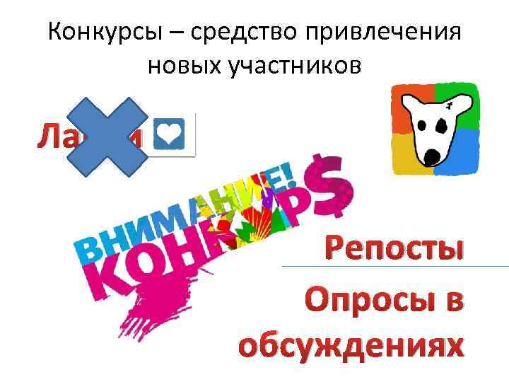 Конкурсы – средство привлечения новых участников Лайки Репосты Опросы в обсуждениях 