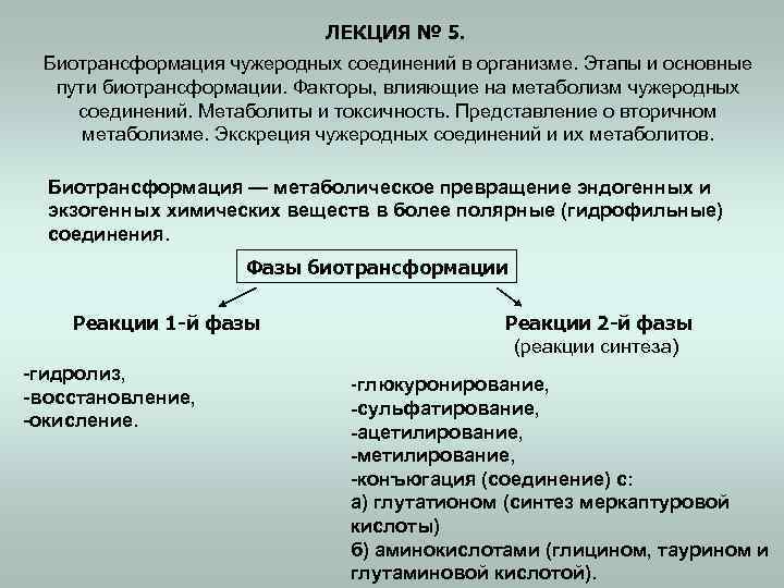 ЛЕКЦИЯ № 5. Биотрансформация чужеродных соединений в организме. Этапы и основные пути биотрансформации. Факторы,