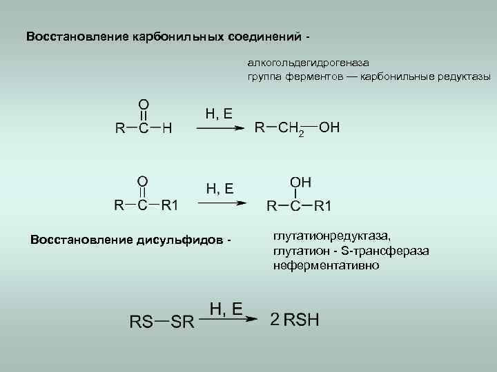 Восстановление карбонильных соединений алкогольдегидрогеназа группа ферментов — карбонильные редуктазы Восстановление дисульфидов - глутатионредуктаза, глутатион