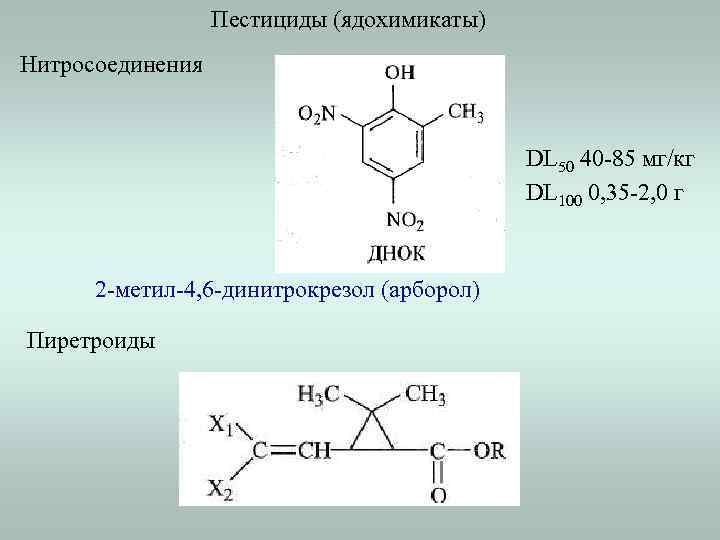 Пестициды (ядохимикаты) Нитросоединения DL 50 40 -85 мг/кг DL 100 0, 35 -2, 0