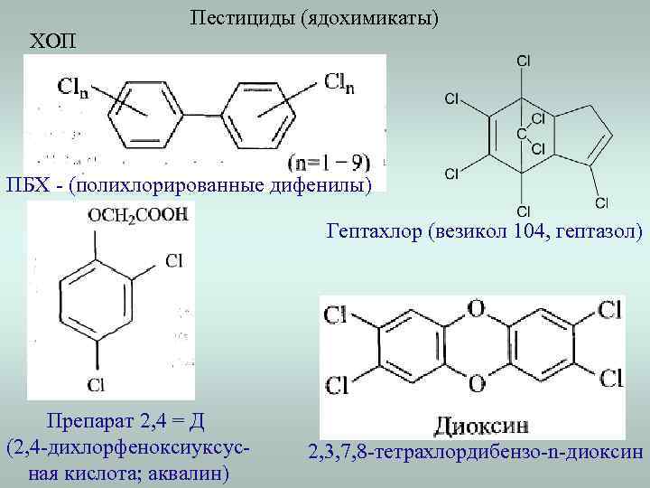 ХОП Пестициды (ядохимикаты) ПБХ - (полихлорированные дифенилы) Гептахлор (везикол 104, гептазол) Препарат 2, 4