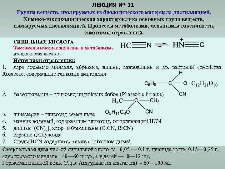 ЛЕКЦИЯ № 11 Группа веществ, изолируемых из биологического материала дистилляцией. Химико-токсикологическая характеристика основных групп