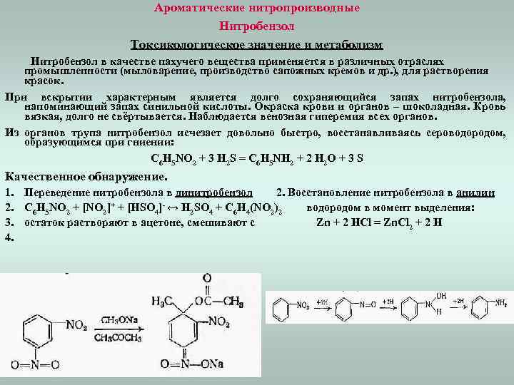 Ароматические нитропроизводные Нитробензол Токсикологическое значение и метаболизм Нитробензол в качестве пахучего вещества применяется в