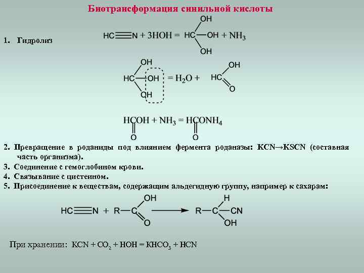 Биотрансформация синильной кислоты 1. Гидролиз 2. Превращение в роданиды под влиянием фермента роданазы: KCN→KSCN