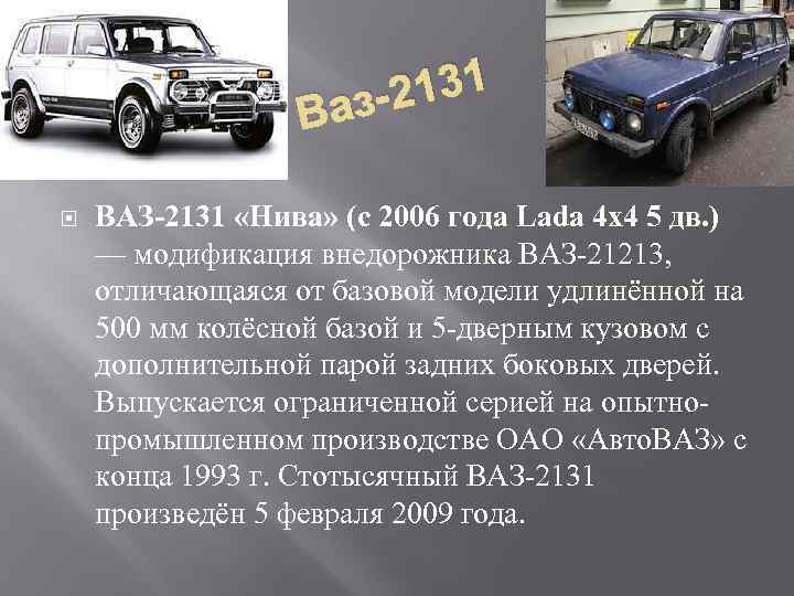 131 аз-2 В ВАЗ-2131 «Нива» (с 2006 года Lada 4 x 4 5 дв.