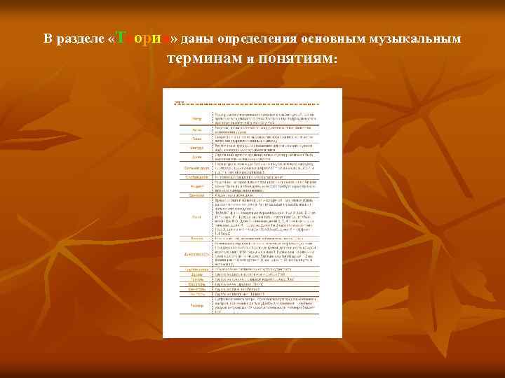 В разделе «Теория» даны определения основным музыкальным терминам и понятиям: 